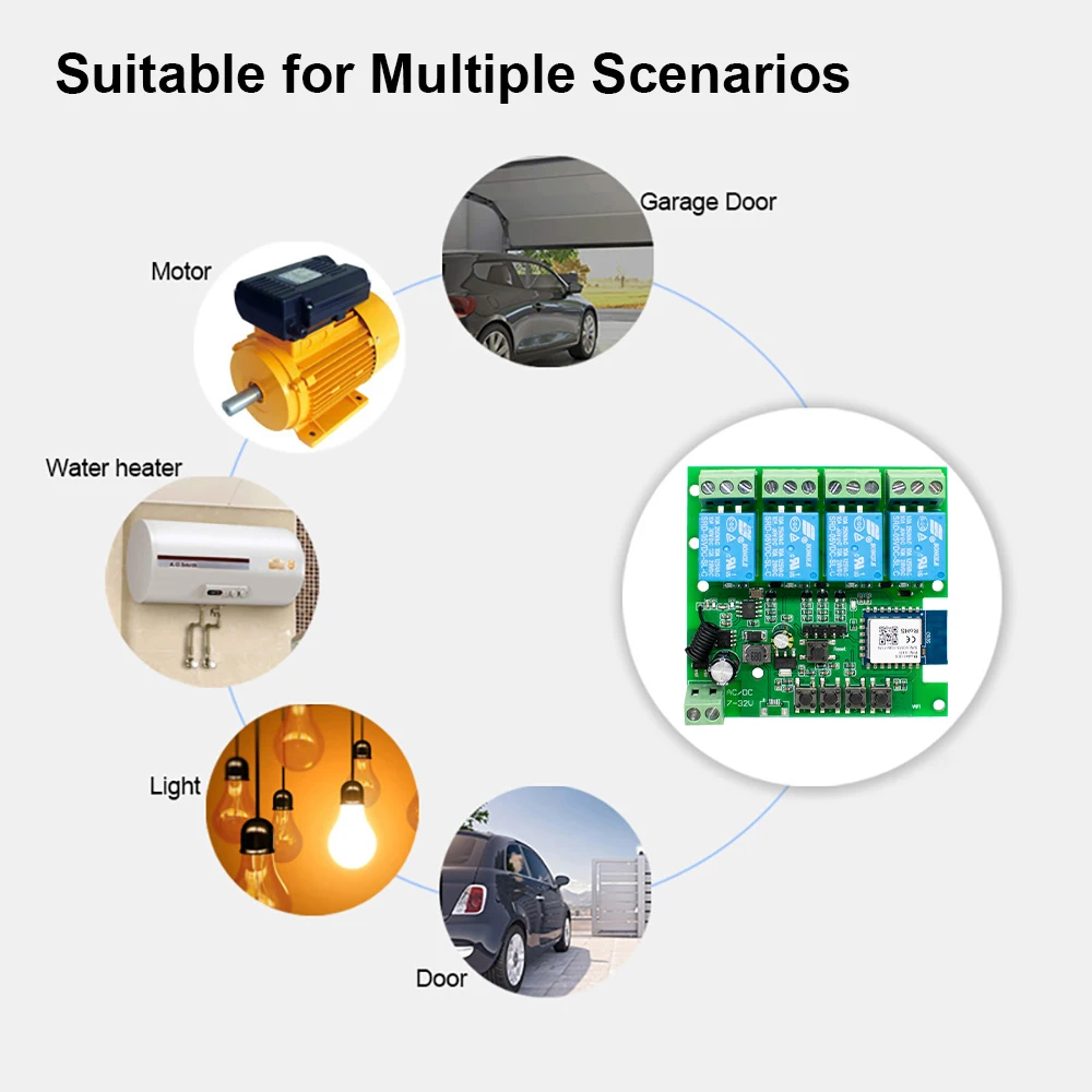Modul Saklar Wifi Kontrol Jarak Jauh Tuya Smart 4CH DC 12V 24V 32V 110V 220V Inching Self-locking RF433 Penerima Relay 4 Jalur Alexa