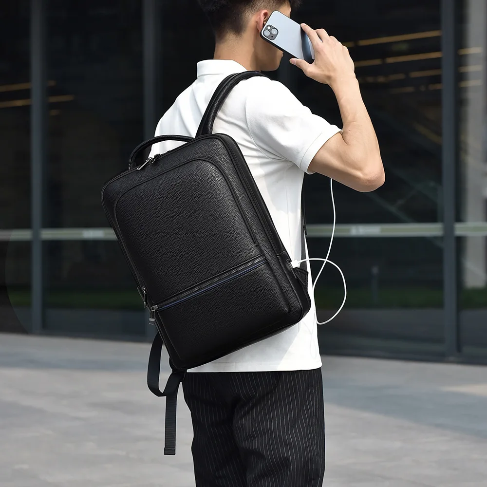 Men's PU leather business backpack, waterproof, large-capacity computer storage, casual travel backpack