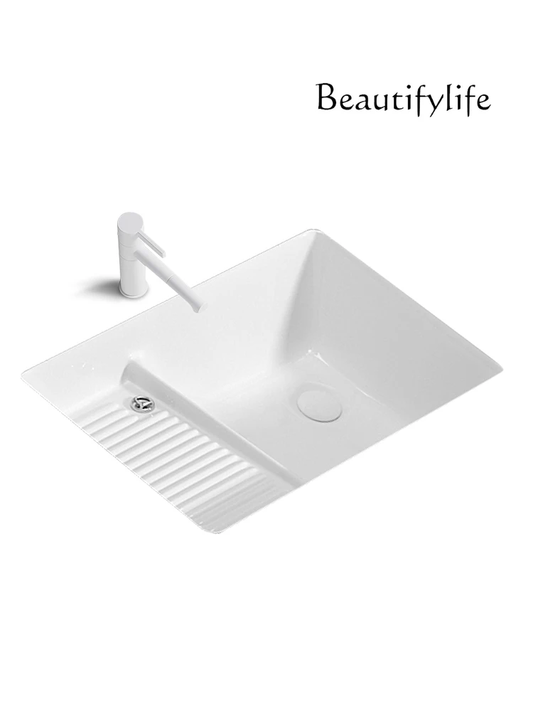 Ceramic cover side launching balcony laundry basin under the counter laundry pool with washboard basin sink large capacity