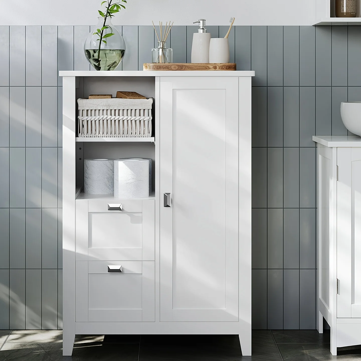 

Modern Minimalist Bathroom Floor Standing Independent Storage Cabinet with Open Compartments 2 Drawers Adjustable Shelves