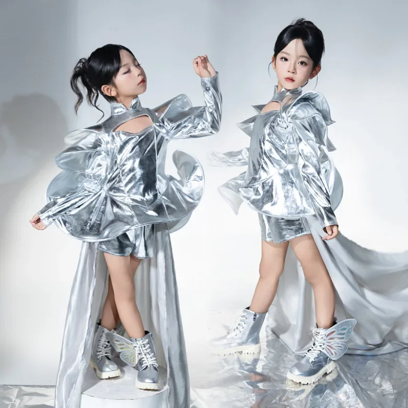 女の子用シルバージャズダンスユニバーステックウィンドモーターサイクルt-owスワンバレエパフォーマンス衣装子供用カーニバルパーティーコスチューム