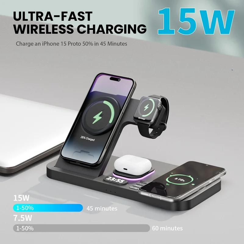 30W Alarm Clock Wireless Charger 6in1 RGB Night Light Fast Charging Station for Smartphone Airpods Pro Huawei Apple Watch Stand