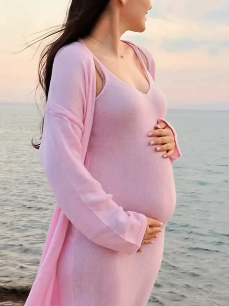 

Maternity Dress Photoshoot Pink Two Piece Pregnancy Outfit Knit Maxi Gown with Cardigan Baby Shower Gender Reveal Bump Friendly