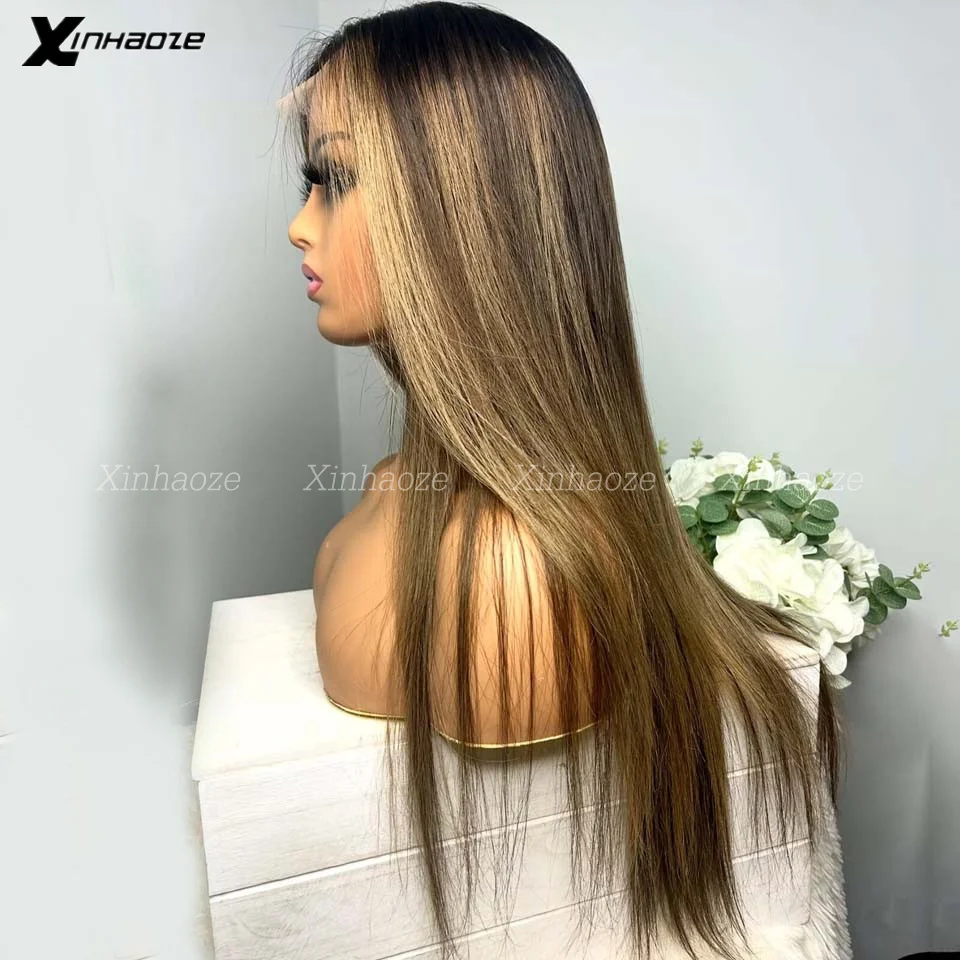 4T27 Evidenziare Parrucca Diritta Dei Capelli Umani Per Le Donne Nere 13x4 HD Trasparente Parrucche Anteriori Del Merletto Con I Capelli Del Bambino Pre Pizzicate Brasiliano