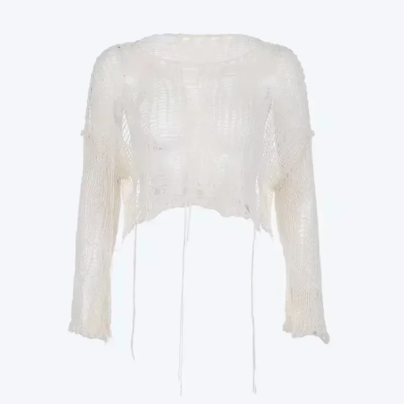 Y2k Abgeschnitten Loch Pullover Sexy Gyaru Aushöhlen Stricken Pullover Goth Koreanische Langarm Jumper Sommer Mode Sheer Strickwaren Tops