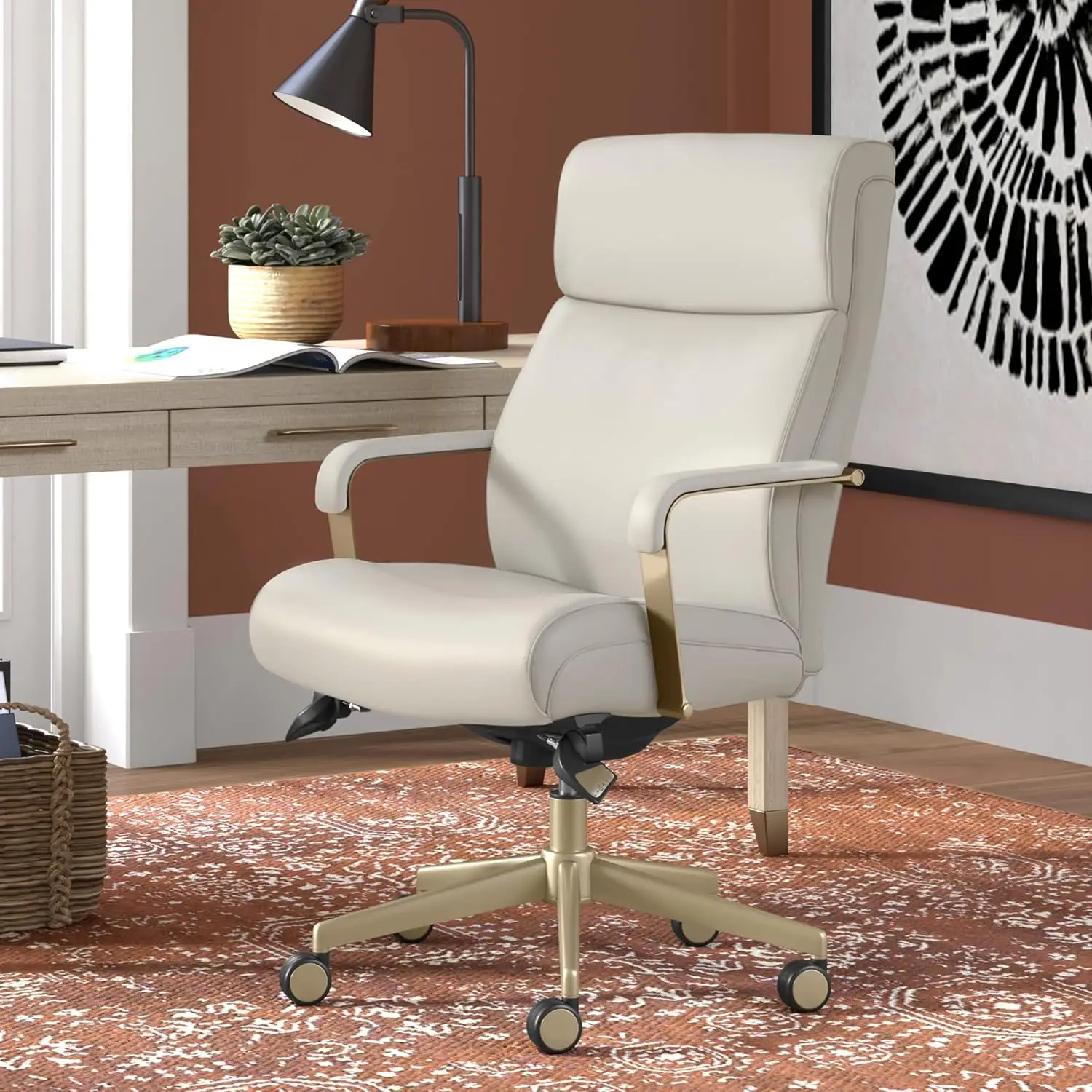 Melrose Executive Office Adjustable High Back Ergonomic Computer Chair with Lumbar Support Brass Finish Ivory White Bonded