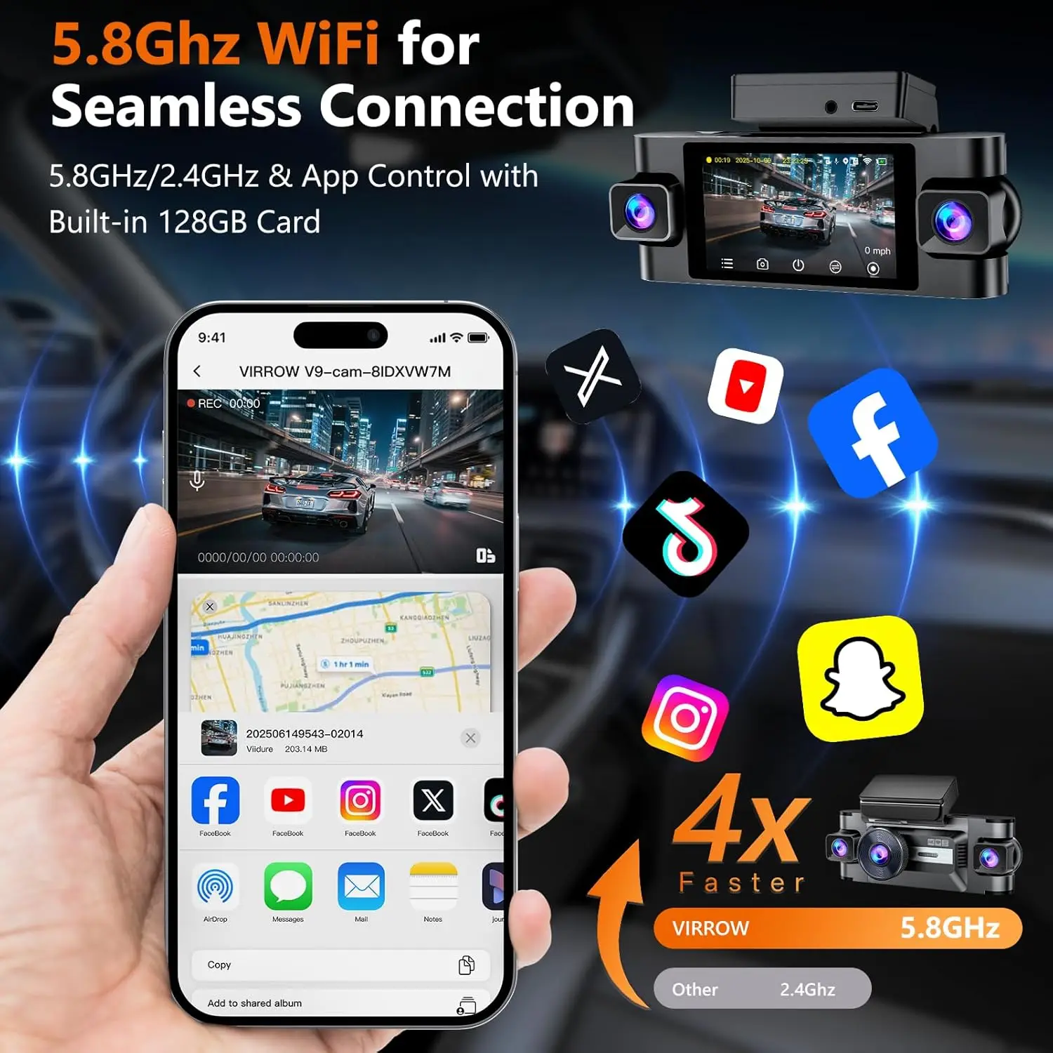 كاميرا سيارة 4K ذات 4 قنوات مع نظام تحديد المواقع العالمي (GPS)، 5G WiFi، التحكم الصوتي، الرؤية الليلية، مستشعر G، شاشة ركن السيارة 24 ساعة، بطاقة مجانية 128 جيجابايت