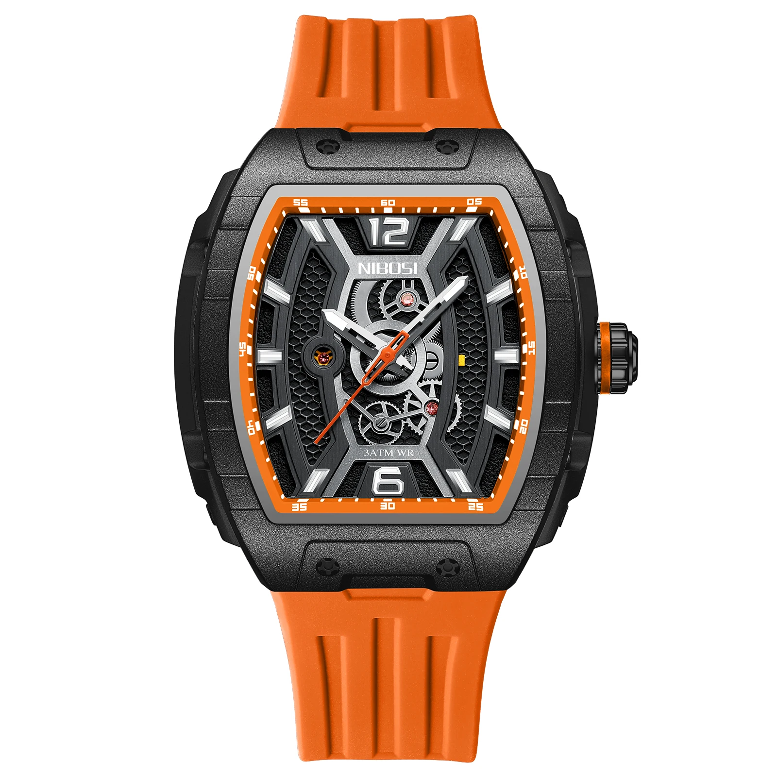 

NIBOSI Luxury Skeleton Watch Men Top Brand Tonneau Sport Style Silicone Band Quartz Watches 3ATM Water Resistant Luminous Clocks
