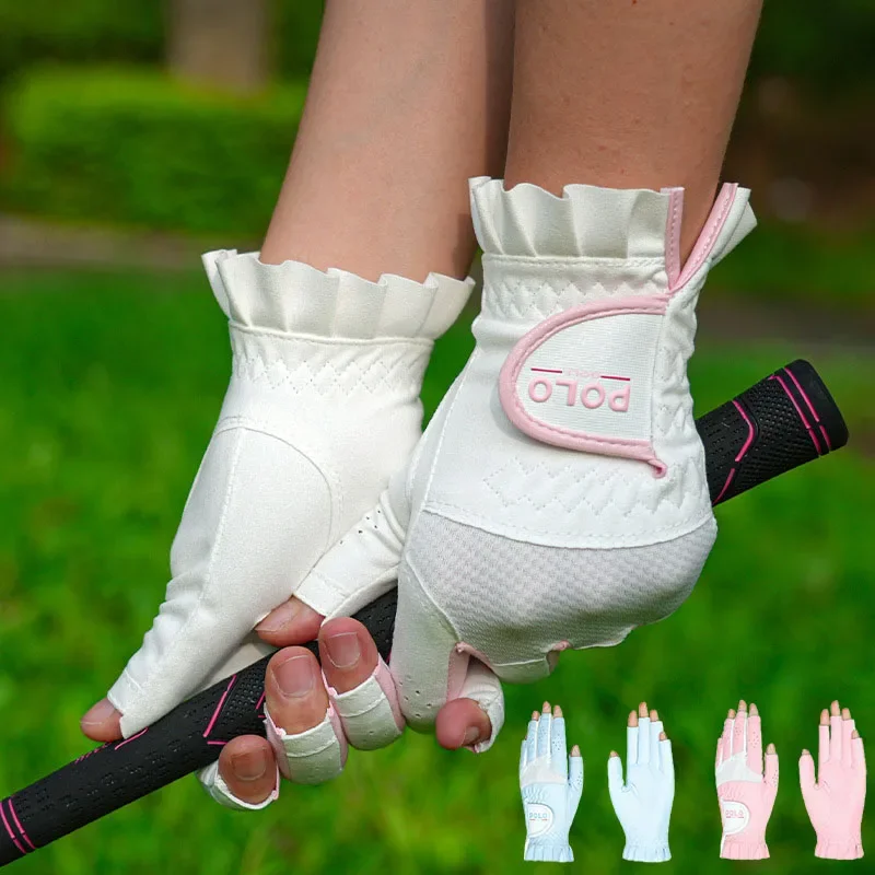 1 Pair Lady Durable Ruffle Golf Gloves Women Anti-Slip Breathable Mittens Left and Right Hand Gloves Open Finger Accessories