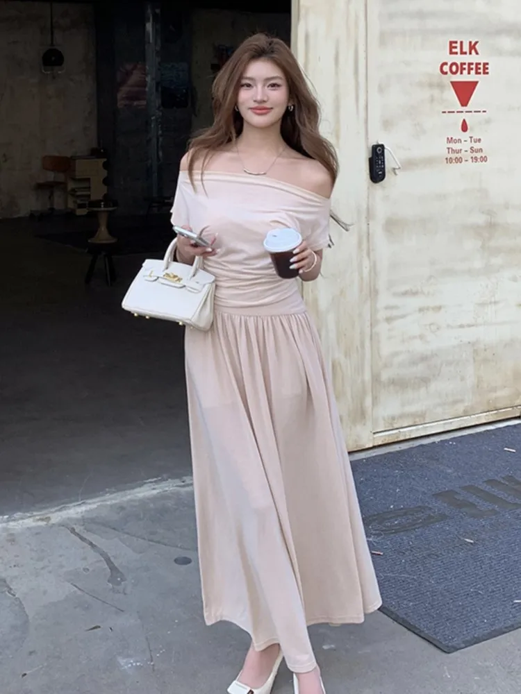 

Korean Women's 2 Piece Set Chic Elegant Casual Solid Inclined Shoulder Short Top A-line Office Lady Skirt Suit Sets Outfits New