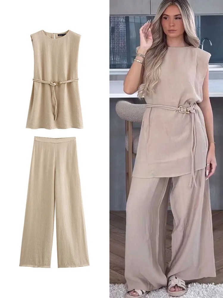 TRAF Two Pieces Women Causal Top Pant Suit Fashion O-neck Lace-up Sleeveless Shirts Elastic Waist Wide Leg Pant Ladies Outfits