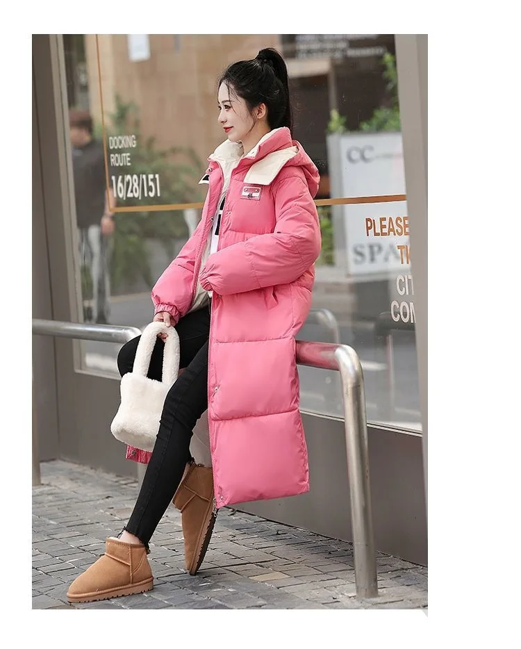 Long Hooded Puffer Coat Women Contrast Collar Warm Quilted Parka Zip‑Up Loose Windproof Winter Outerwear Ladies Padded Jacket