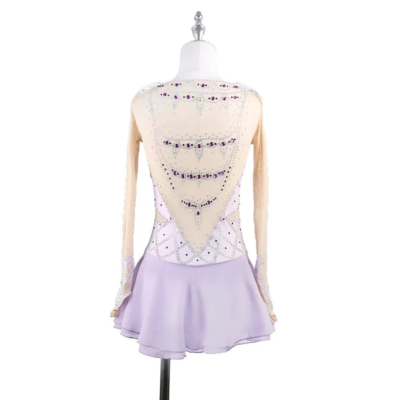 맞춤형 피겨 스케이팅 공연 의상 소녀 스케이트 스커트 성인 경쟁 등급 라이트 퍼플 화려한 다이아몬드