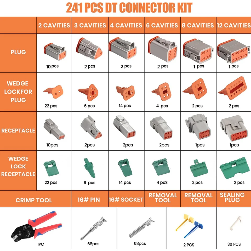 240 Piezas 18 Kits Kit de Conectores DT Deutsch, Herramienta de Crimpado de Cables, 16 Contactos Estampados para Cableado Automotriz de 14-18 AWG, 2/3/4/6/8/12 Pines 2