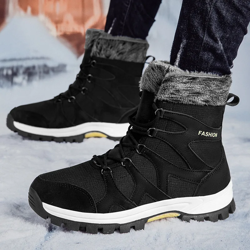 High quality ankle length cotton snow boots for men new 2024 winter outdoor hiking mountain fur plush warm shoe black grey