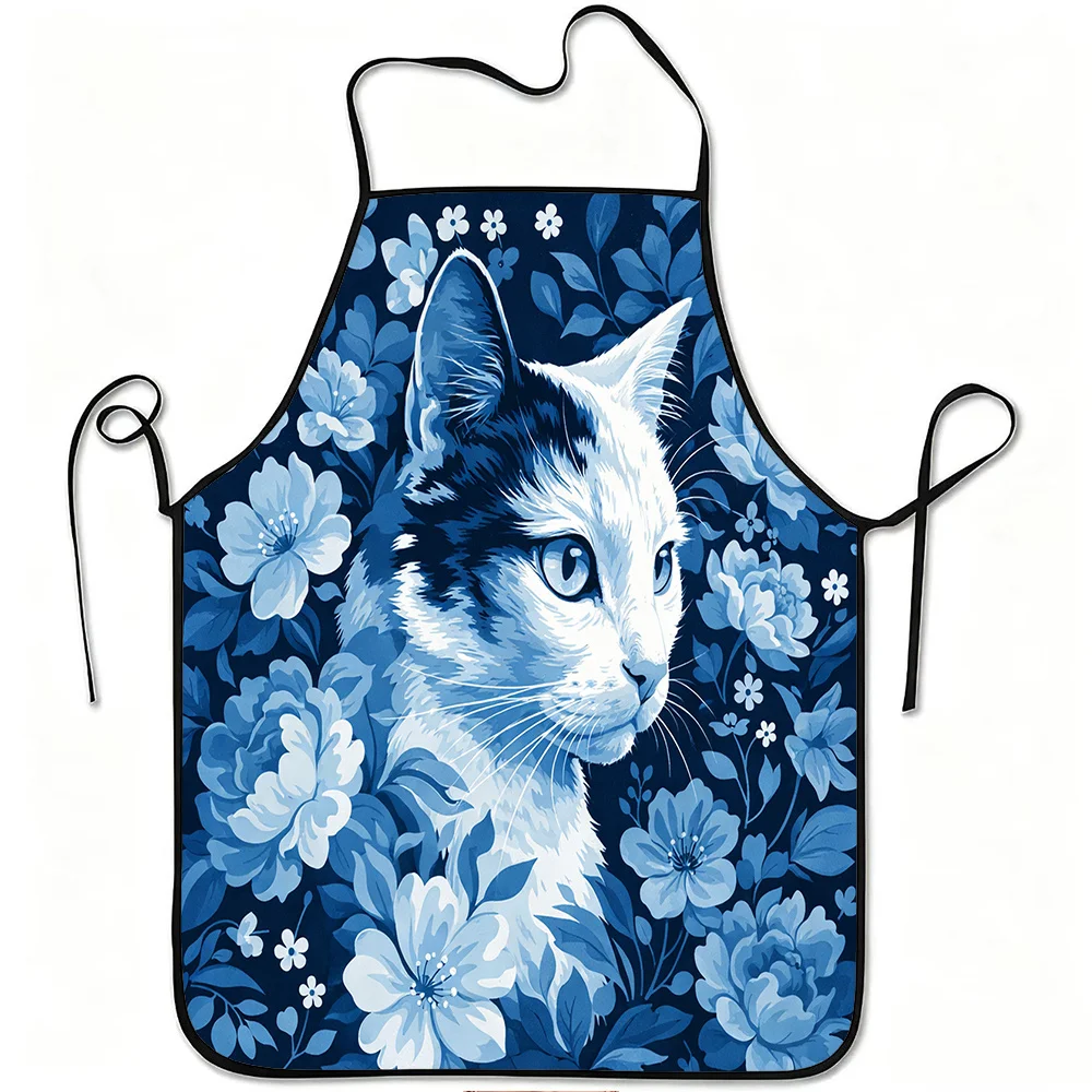 

1pc Blue Floral Cat Print Apron Durable and Easy to Clean, Adjustable Waistband Polyester Material for Kitchen Cooking Gardening