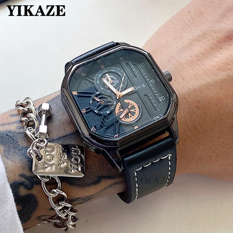 YIKAZE Men\'s Quartz Watches Alloy Dial Business Men Watch PU Leather Strap Square Sports Watch Cool Black Wristwatch for man