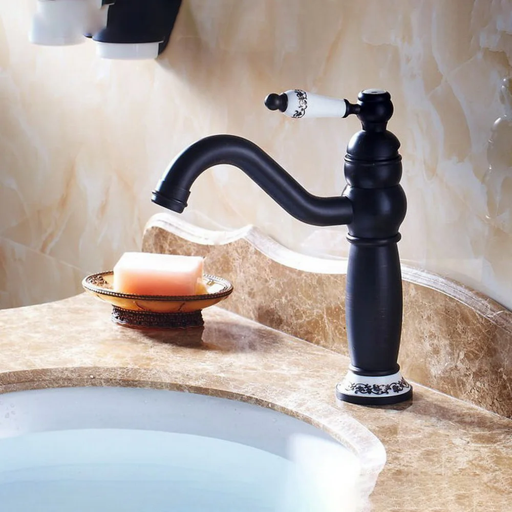 

Black Oil Rubbed Bronze Bathroom Basin Faucet Ceramic Lever Single Hole Deck Mount Vessle Sink Mixer Tap Lnf507