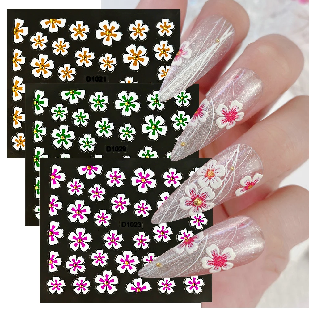 30pc Colorful Flowers With Rhinestone Nail Stickers 3D Green Blossom Floral Nail Decal Xmas Decor Adhesive Slider Tattoo Manicur