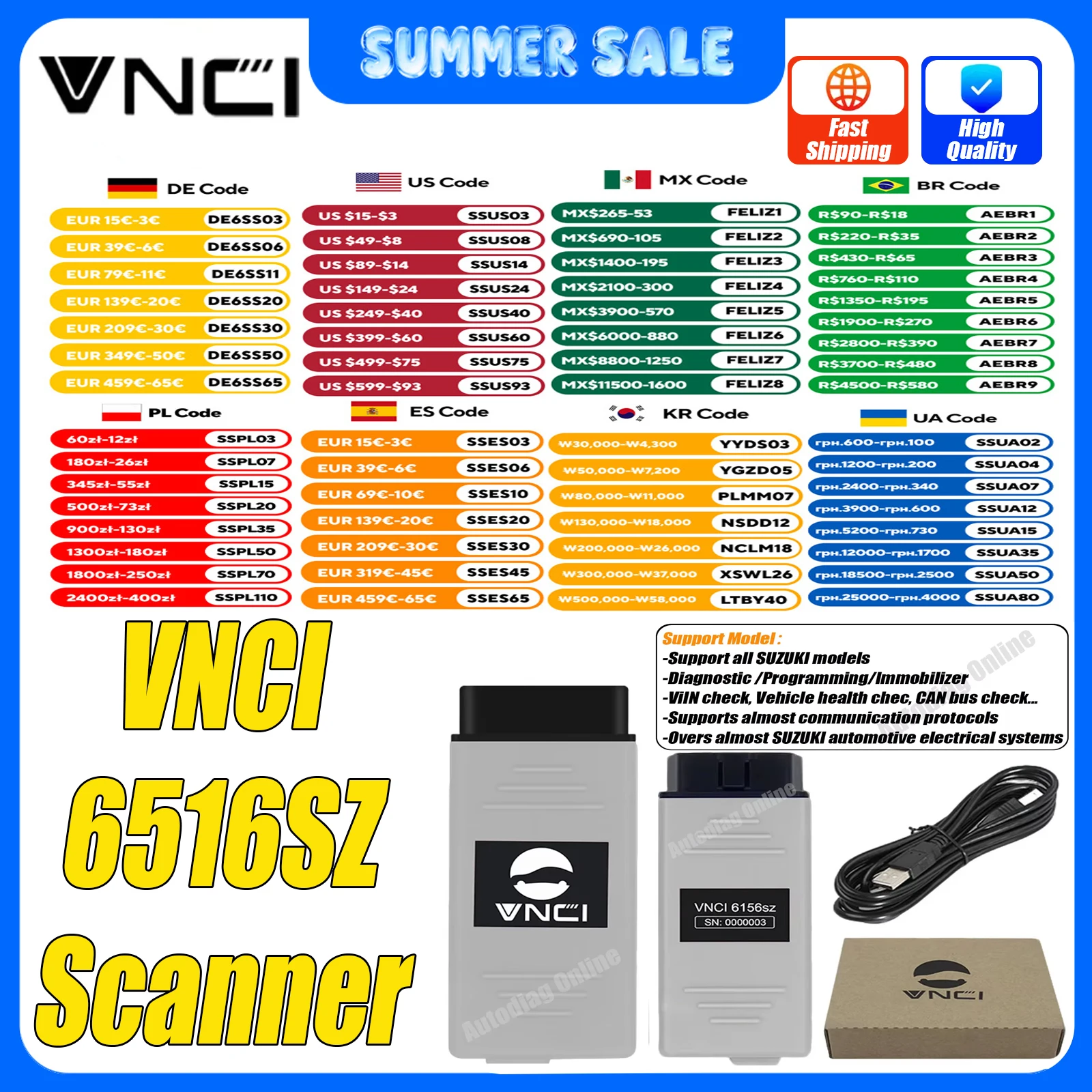 

VNCI 6516SZ Scan For SUZUKI Car OBD2 Diagnostic Scanner Programming Immobilizer Tool WLAN Adapter for STD2 OEM Software Scanner