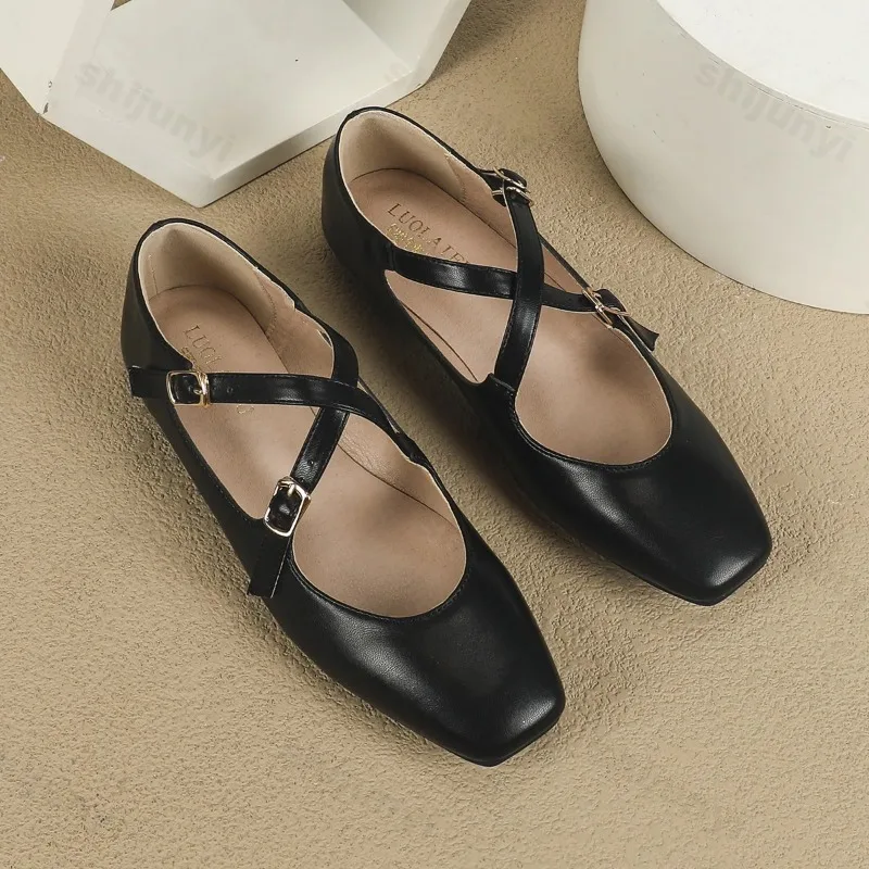 Low Heeled Mary Jane Single Shoes 2025 Women Shoes Retro Shallow Ballet Shoes Cross Buckle Shallow Soft Sole Flats Plus Size 44