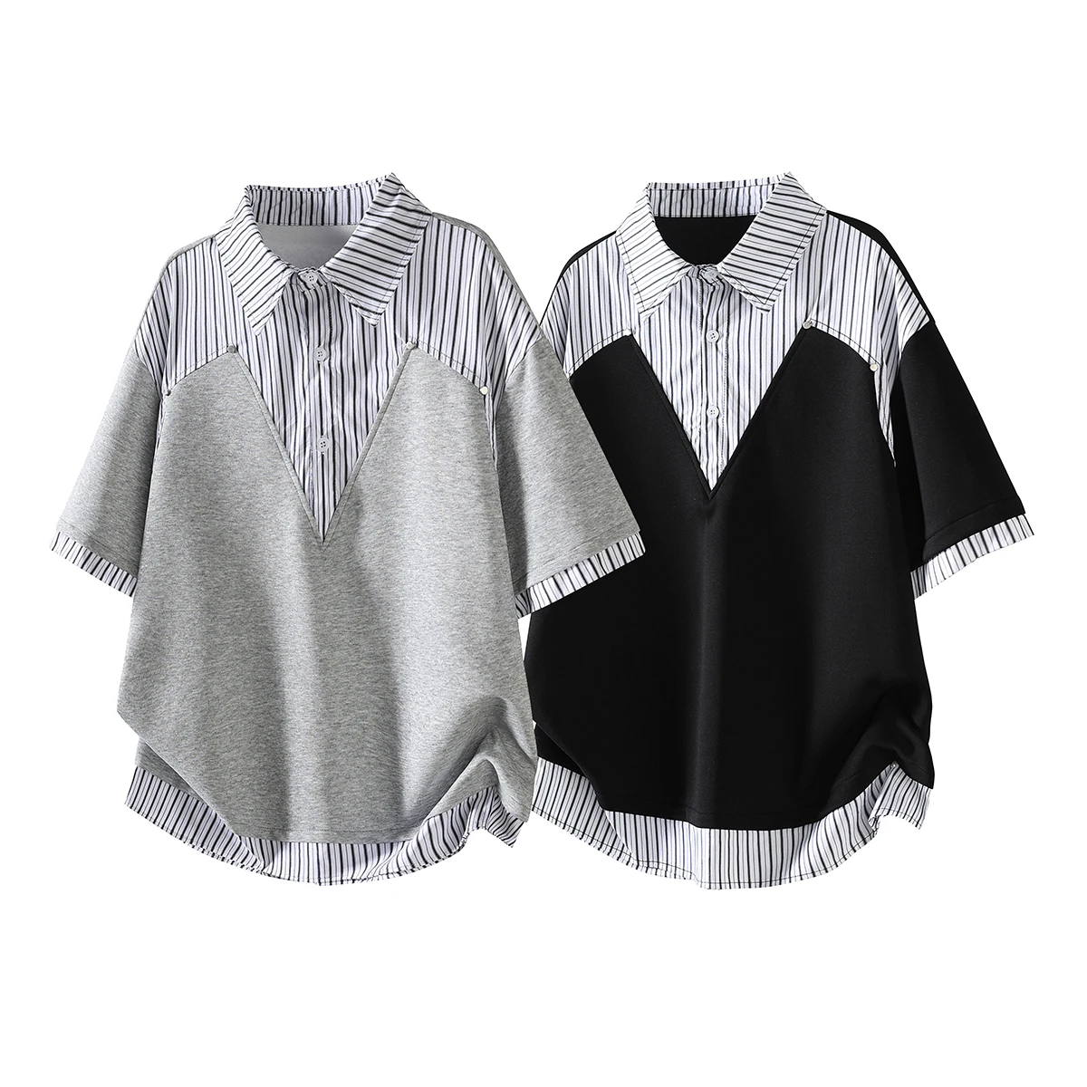 Summer Men's Two-piece Dissected Stripes Polo Shirt Short-Sleeve T-Shirt