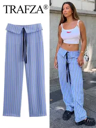 TRAFZA 2024 New Female Trousers Streetwear Blue Stripe Loose Zipper Female Long Pants Bow Lace-Up Woman Wide Leg Pant Trendy