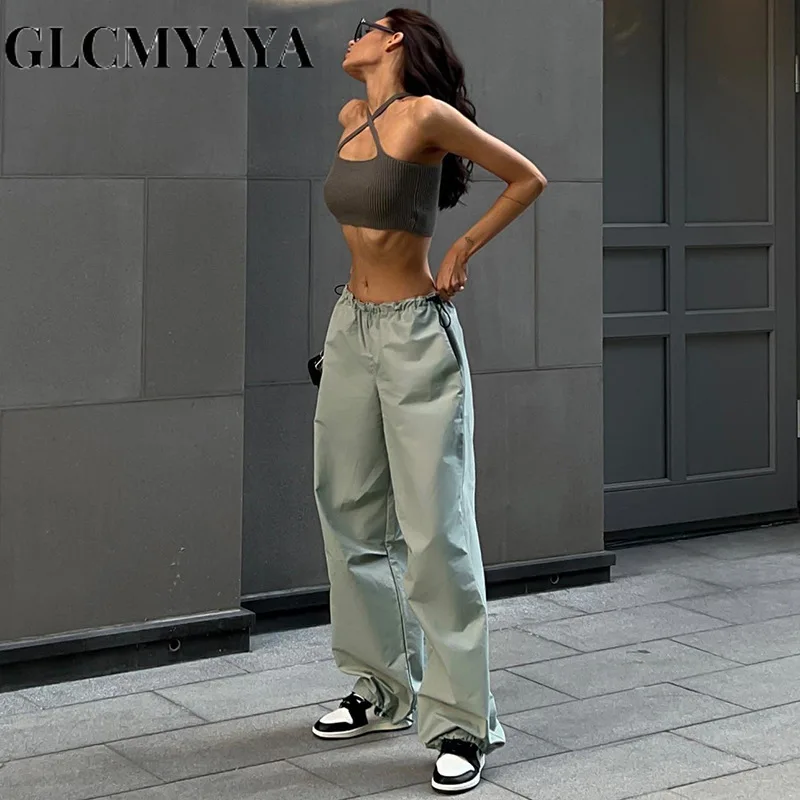 GLCMYAYA Women Streetwear Draw String Girdling LOOSE Pockets Solid Casual Cargo Pants 2023 Fashion Simple Basics Sporty Pants