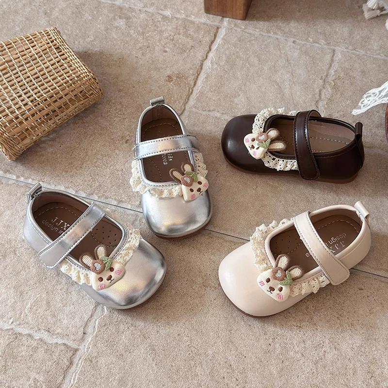 New Toddler Girls Mary Jane Flat Shoes Cute Rabbit Kids Lace Trim Leather Shoes Soft Princess Wedding Party Children Dress Shoes