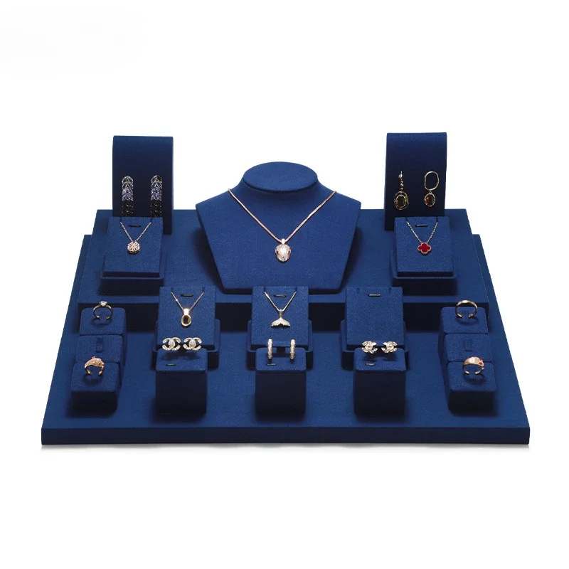 Dark Blue Jewelry Display Stand Velvet Ring Earrings Holder Necklace Organizers Storage Showcase Bracelets Base Exhibition Tray