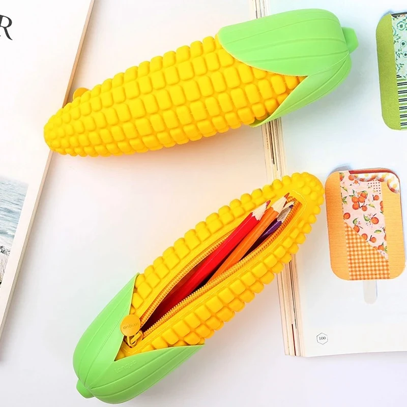 Fun Food Themed Pen Storage Bag Corn Shaped Silicone Pencil Case for School Supplies & Student Stationery