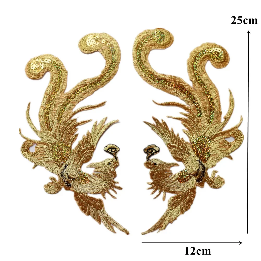 2PCS Gold Sequin Phoenix Bird Embroidered Applique Sew Iron Patch For Wedding Gown Bridal Party Dress DIY Clothes Decor Crafts