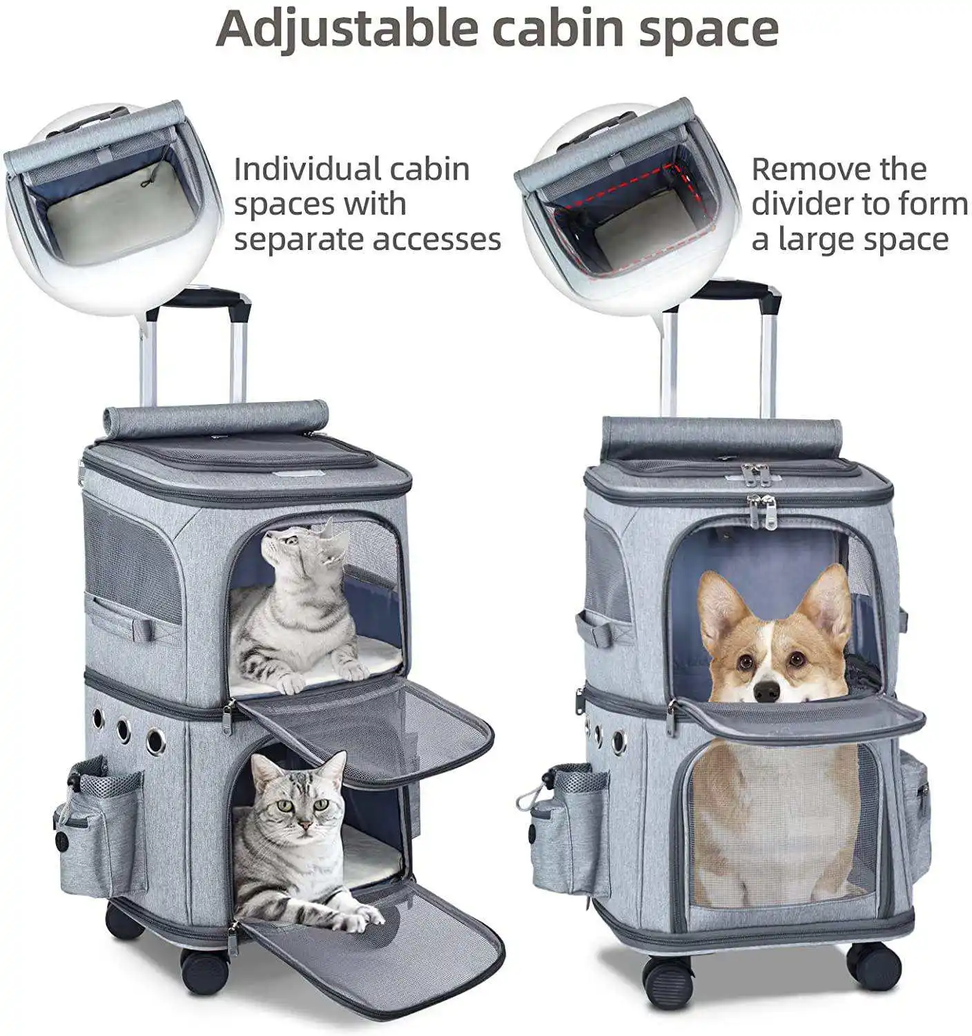 Double Layer Outdoor Cat Dog Carrying Bag Pet Trolley Backpack Pet Bag Travel Pet Rolling Carrier with Wheels