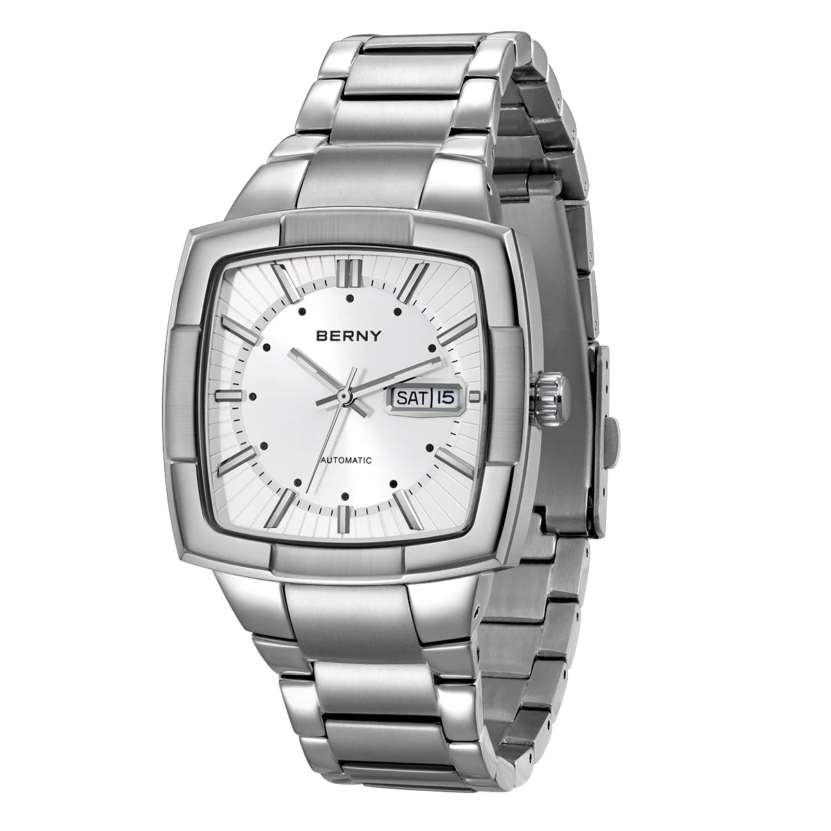BERNY Automatic Men's Watch Self-wind Pillow Cushion Luminous Wristwatch for Men Stainless Steel Calendar Window Watch for Men