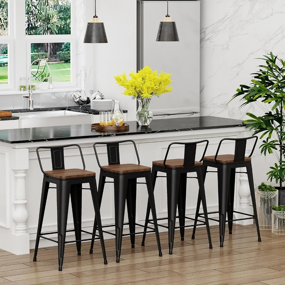 24" Metal Barstools Set of 4 Counter Bar Stools with Wood Top Low Back Matte Black