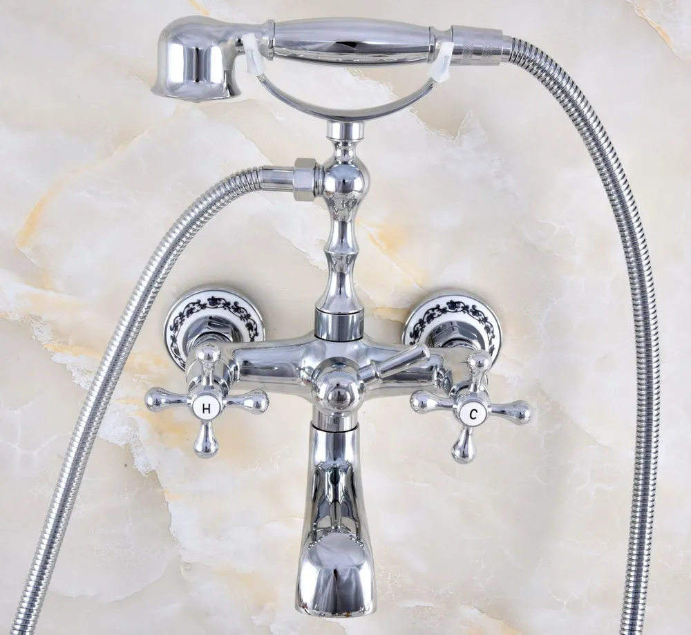 

Polished Chrome Brass Double Cross Handles Wall Mounted Bathroom Clawfoot Bathtub Tub Faucet Mixer Tap With Hand Shower atf858