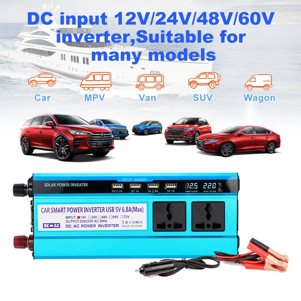 4USB Solar Power Car Inverter 3000W Inverter 48V To AC 220V Power Voltage Convertor Transformer Double LCD Display