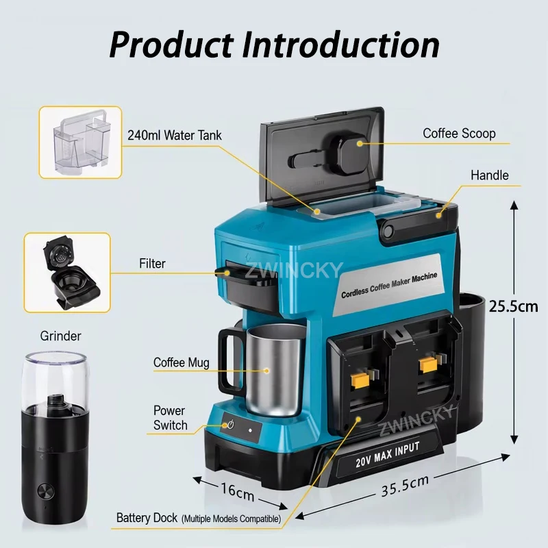 Portable Drip Coffee Maker for Makita/Dewal/Milwaukee/Bosch/Ryobi 18V Battery for Outdoor Construction Camping Travel Hiking