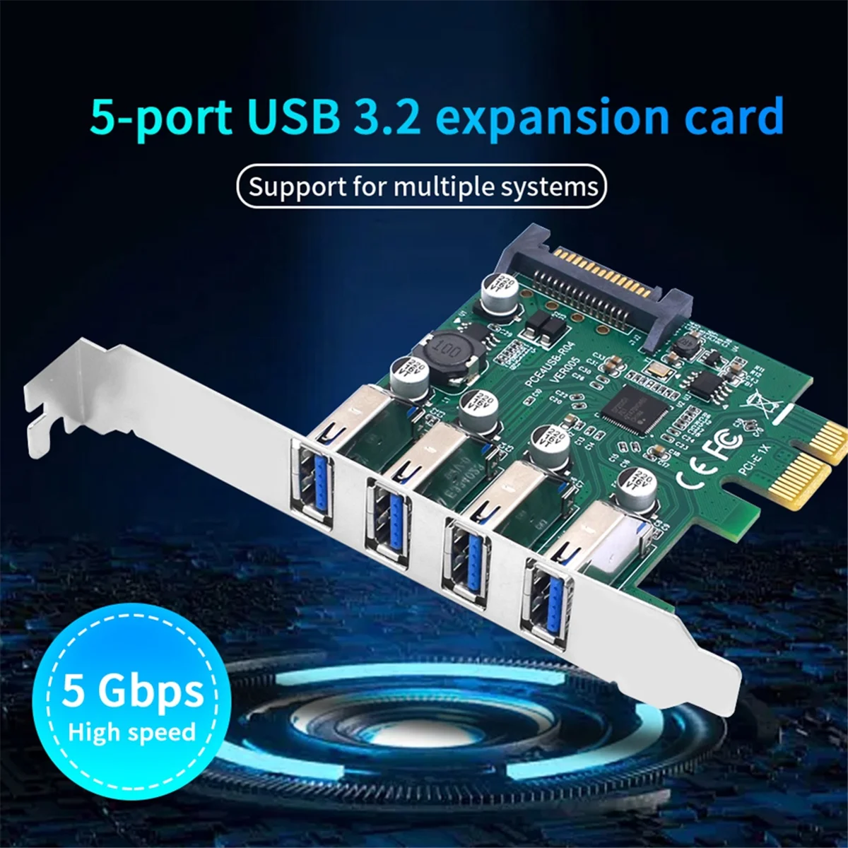 PCIE 1X to USB3.2 Expansion Card PCI-E 4 Ports USB3.2 Adapter Multiplier PCI-E 1X 4X 16X Controller Add One Cards 5Gbps