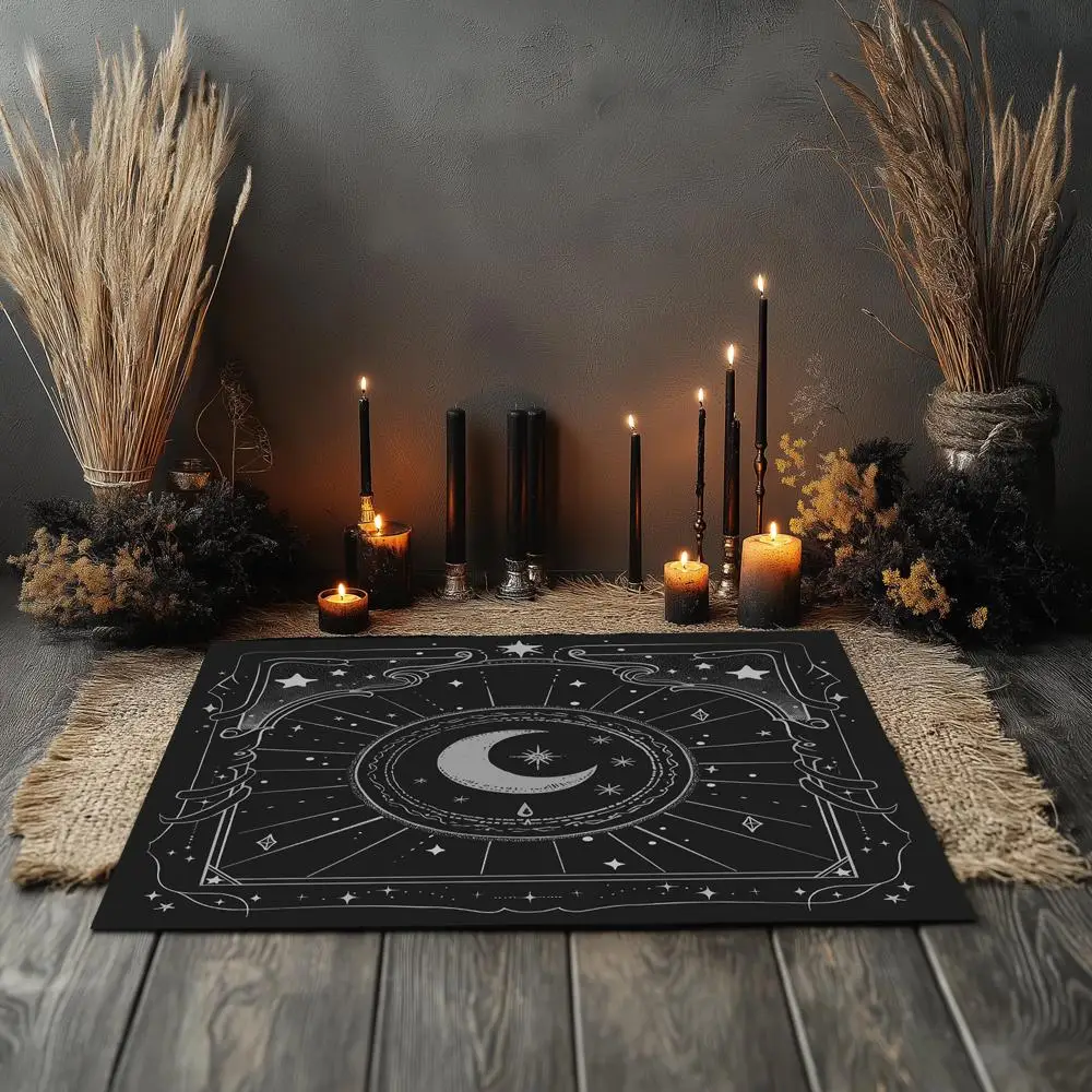 Mystical Crescent Moon Star Tarot Tablecloth, Witchy Celestial Altar Cloth for Divination Meditation Home Decor