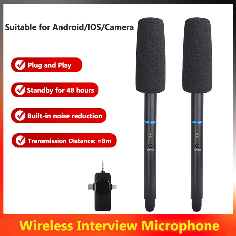 Wireless Interview Microphone News Reporters Handheld Microphone Mic with Receiver for Mobile Phone Camera Noise Cancelling