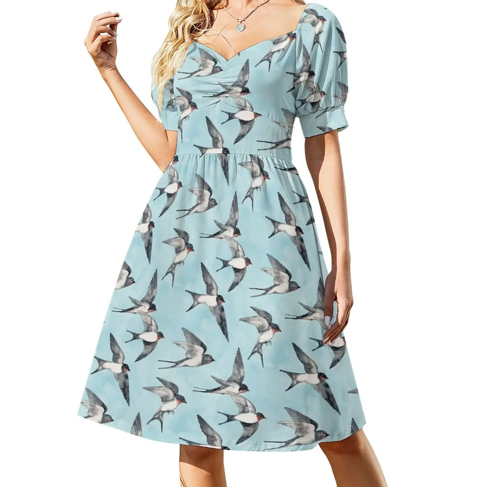 Blue Sky Swallow Flight Short-Sleeved Dress women's clothing korea stylish Dress woman