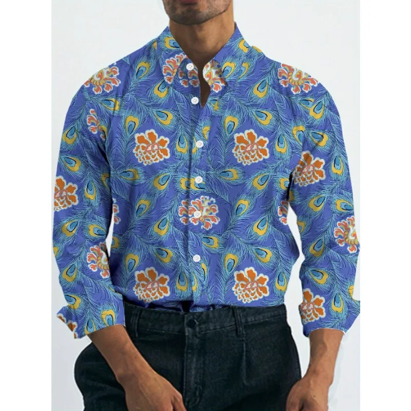 

Fashionable long-sleeved shirt for men, tropical floral printselastic fiber, regular fit, clasp design, year-round comfort and d
