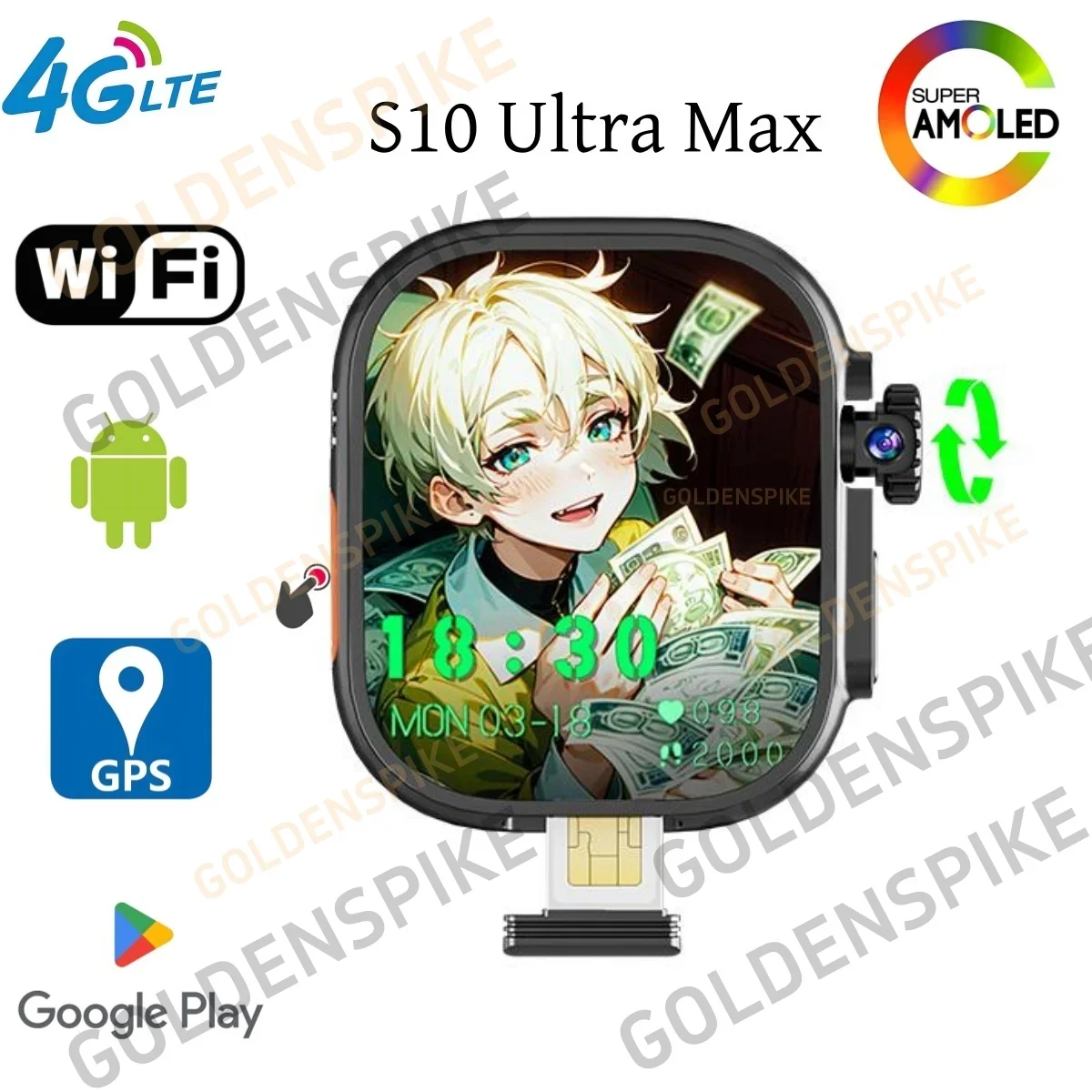 

GOLDENSPIKE S10 Ultra MAX Smartwatch Android Smart Watch With 448*528 180° Rotary Camera GPS WIFI Video Call NFC Compass Amoled