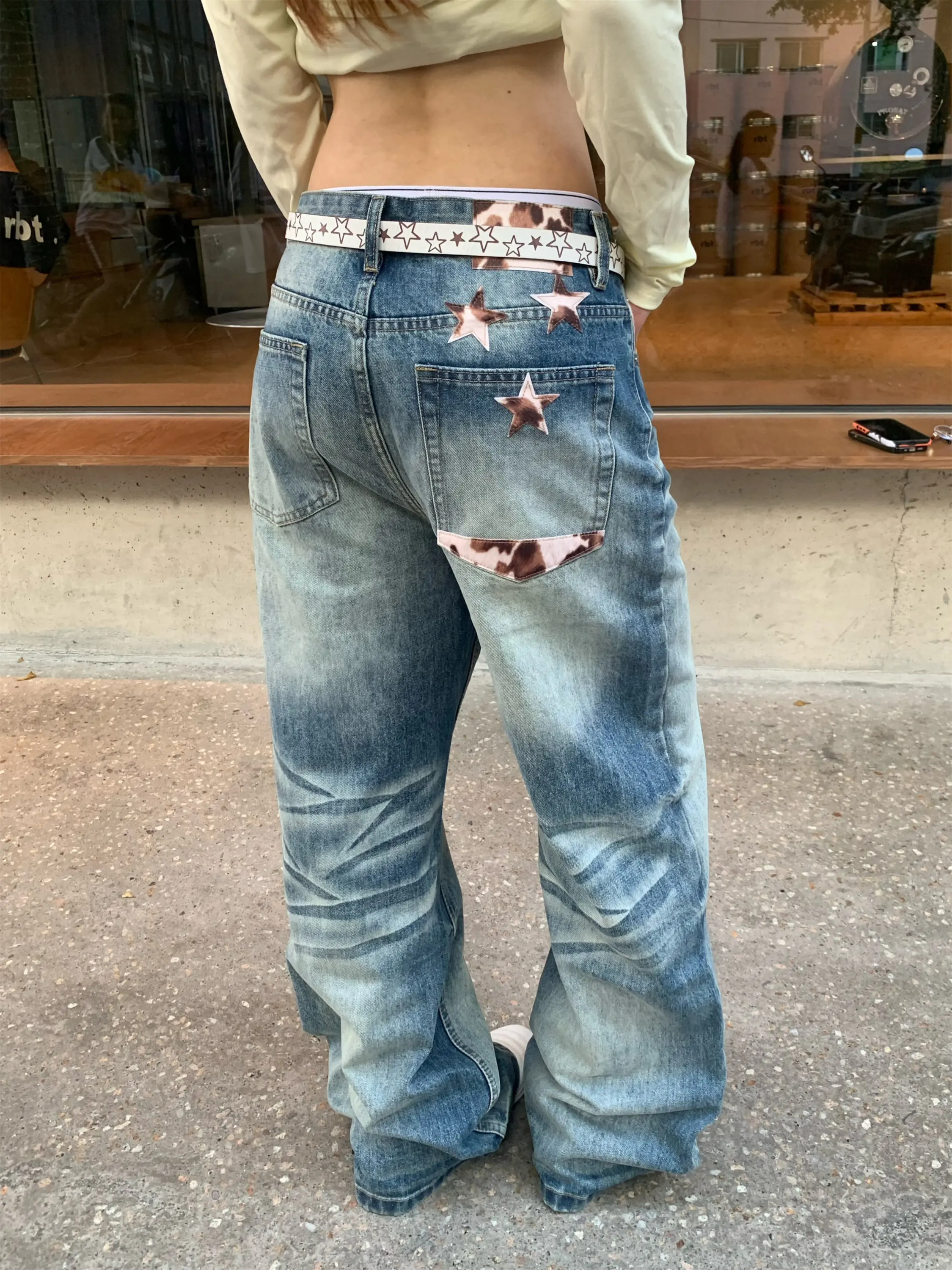 Calças Jeans Retrô Americanas com Padrão de Couro de Vaca, Estilo Baggy, Desbotadas, Casuais, Largas, para Homens e Mulheres,...