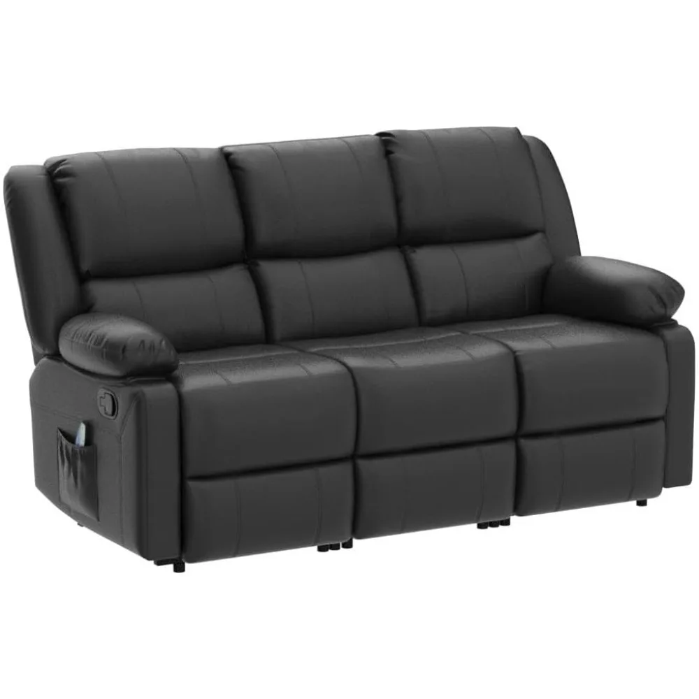 Recliner Sofa Heat and Massage Function, Wall-Hugger Reclining Sofa 3-Seater Manual Faux Leather RV Couch, Theater Lounge Seat