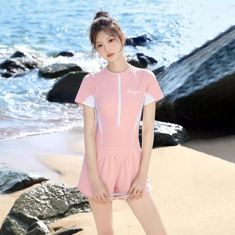 Women's Sporty Swimsuit Set Colorblock Half Zip Short Sleeve Top With Double Layer Shorts Summer Beach Bathing Swimwear view 2