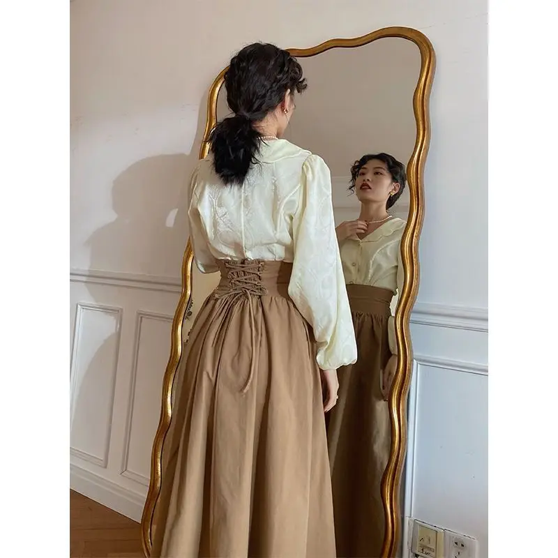 Autumn Dark Brown Vintage Skirt Women Harajuku Pocket Elegant Long Skirts Female Korean Fashion Designer Y2k Casual Skirts 2025