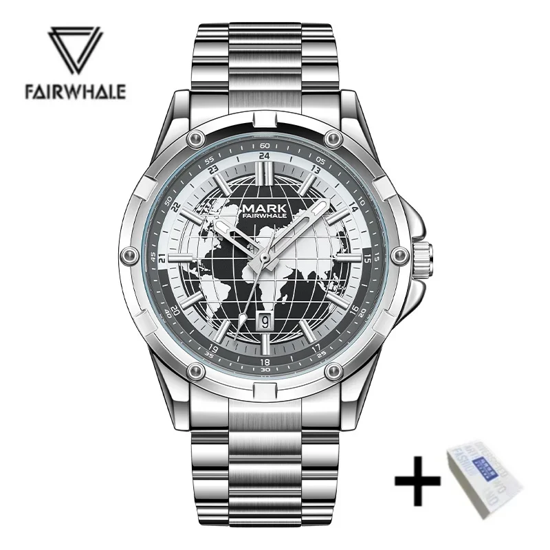 MARK FAIRWHALE 5130 Trendy Earth Watch Stainless Steel Luminous Calendar Quartz Watch for Men Waterproof Mens Watch Reloj Hombre