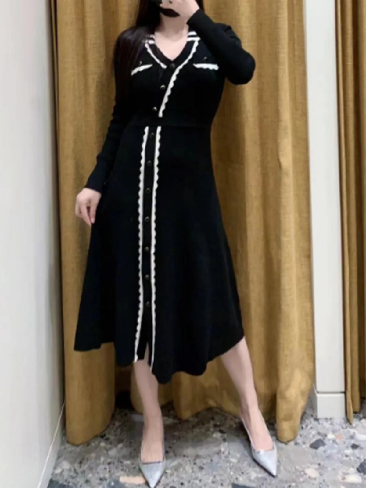 

Ele V-Ne Slim Fit Knitted Dr Spring 2024 Asymmetrical Zipper Color Blo Lace Trim Women's Faion Sweet Sle